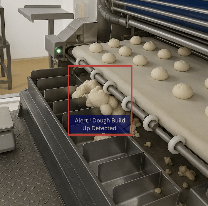 Image of dough build up detected on production line.