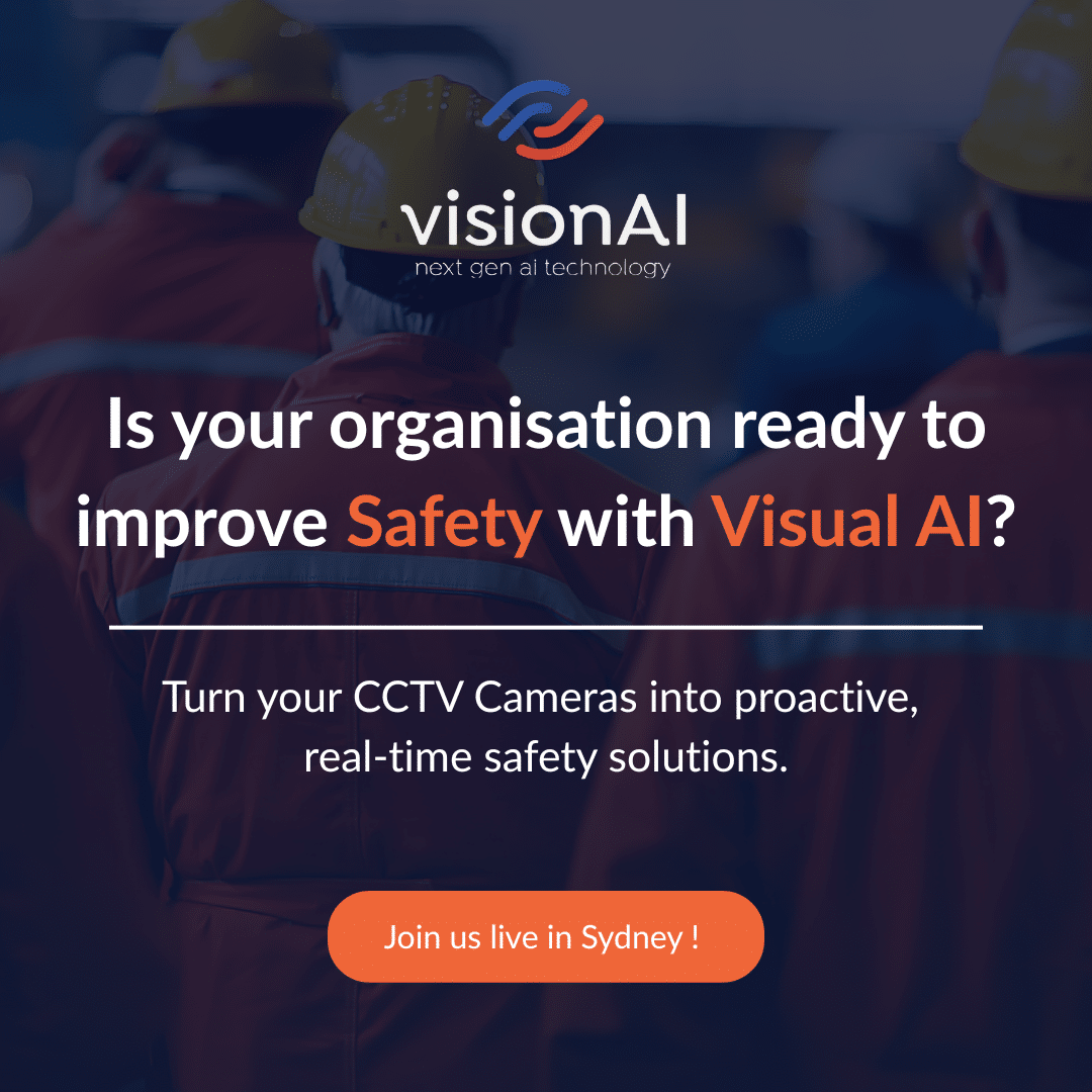Workers in safety gear with text promoting VisionAI’s real-time safety solutions.