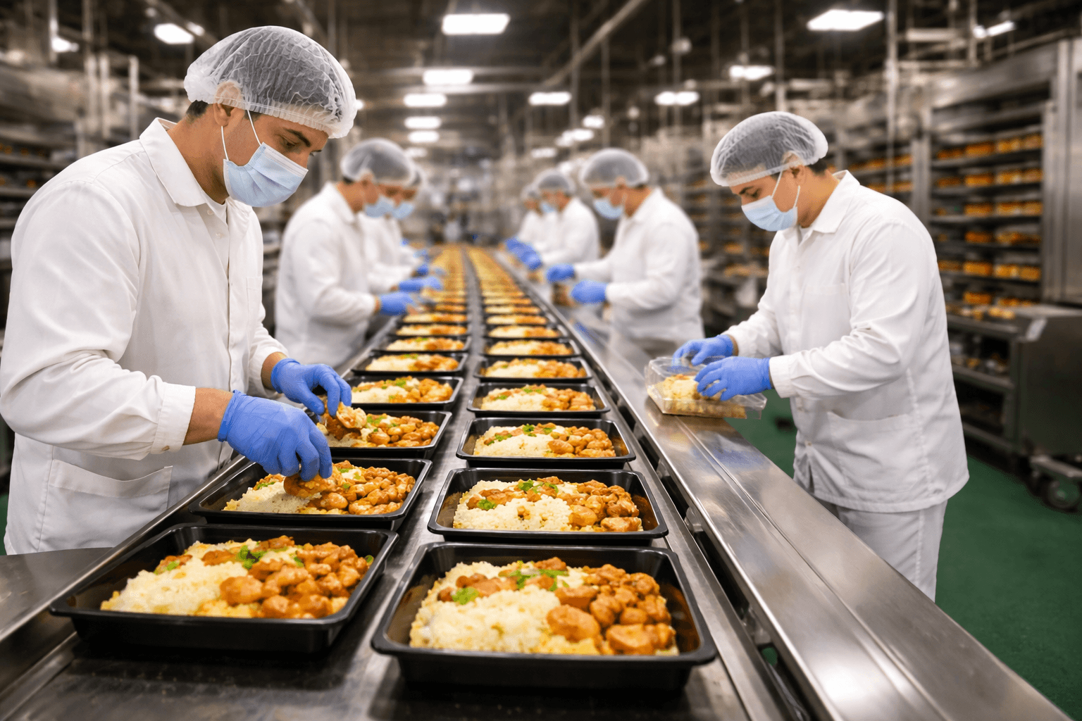 Workers preparing meals in factory