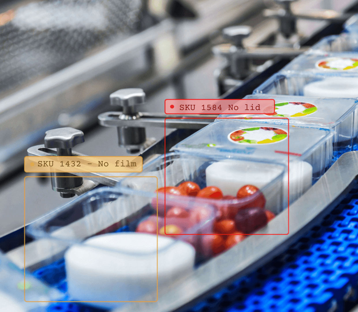 Conveyor belt with labeled product containers